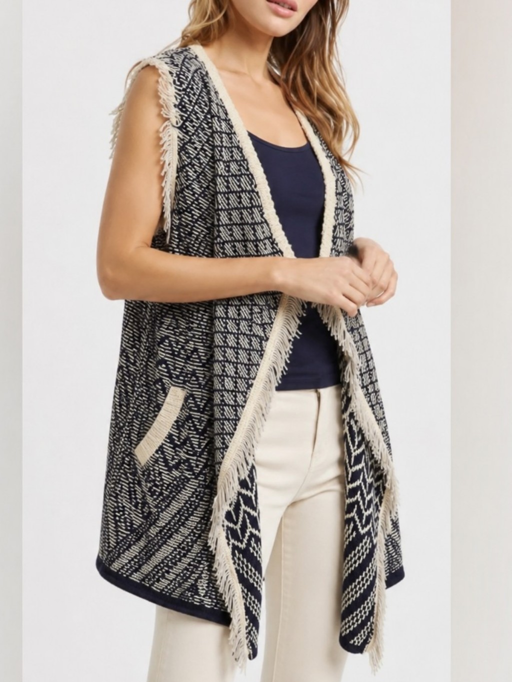 World Market Navy Cream Fringe Vest Cardigan One Size